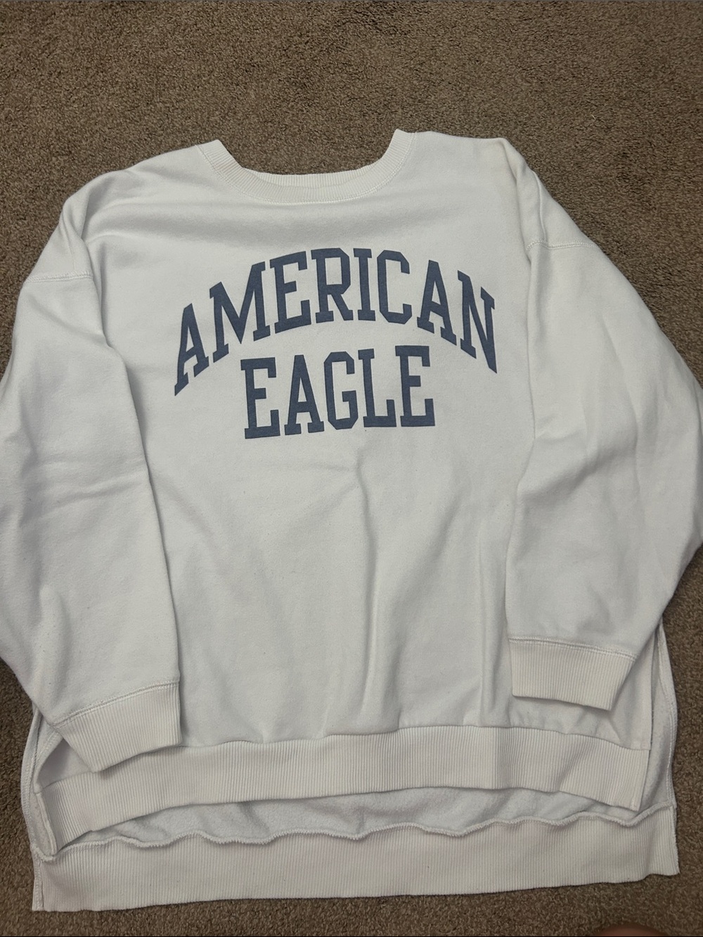 American Eagle Outfitters White Crewneck with Navy Arch Logo